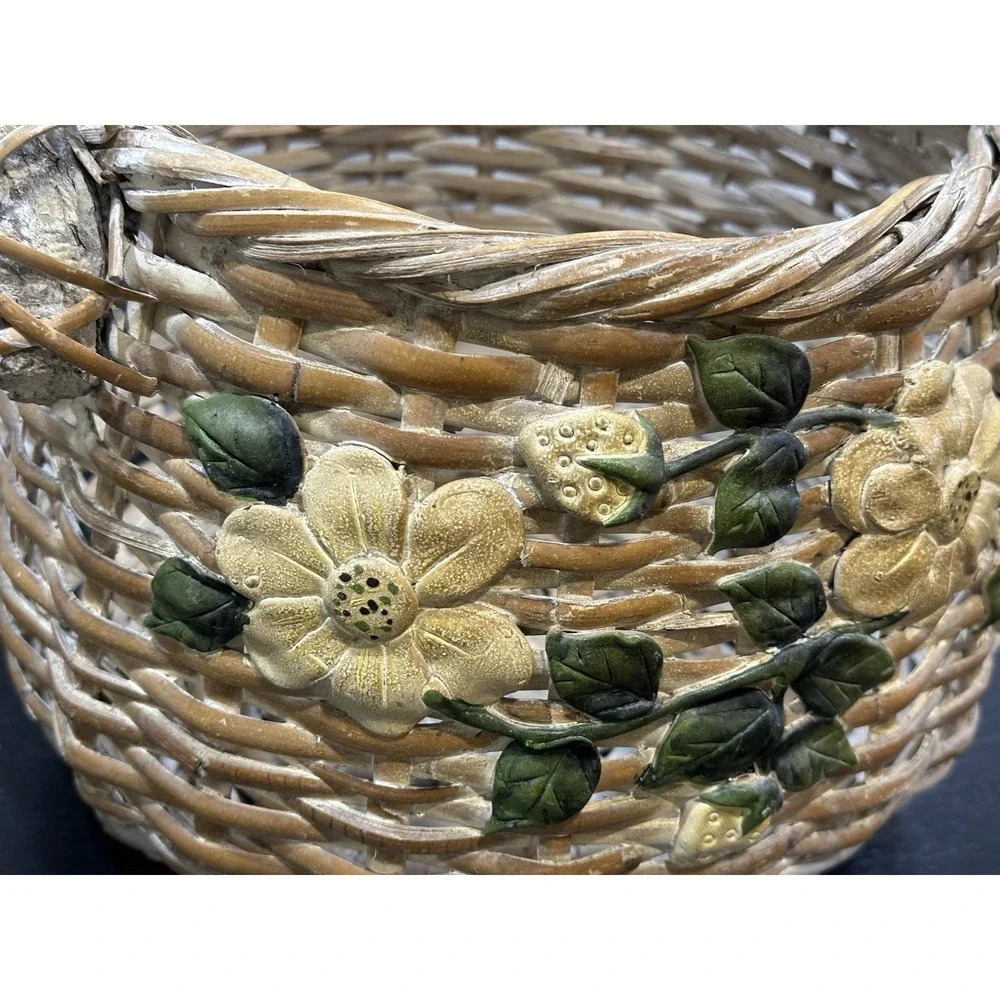 Vintage Wicker Basket Twig Handle 3D Yellow Flower Boho Cottagecore Gathering